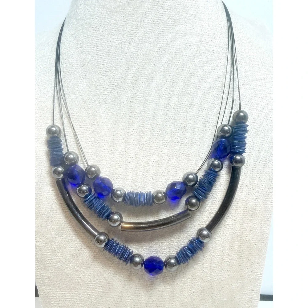 Chico's Blue Glass Bead Gunmetal 3-Strand Statement Necklace
